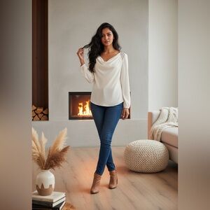 Jennifer Lopez Cream Embellished Blouse